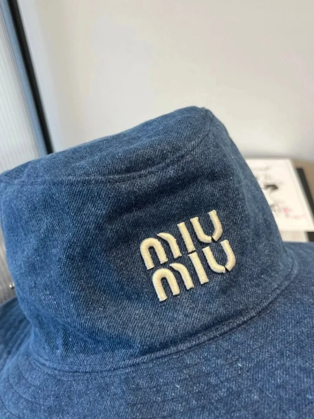 Miu Miu Denim Bucket Hat in Indigo Blue with White Logo